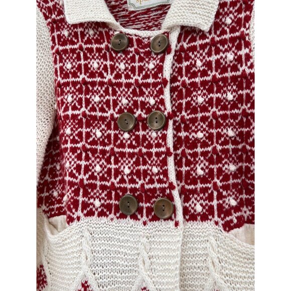Sparrow Womens Red & Cream Knit Long Cardigan With Button Front & Diamond Patter - Picture 4 of 9